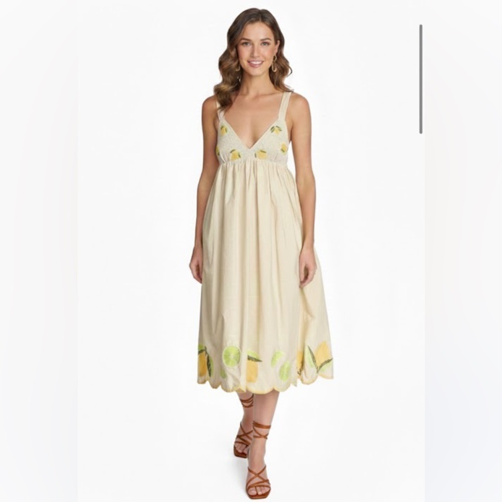 Corey Lynn Calter 100% Organic Cotton Embroidered Lemon Lime Scalloped Midi Dres